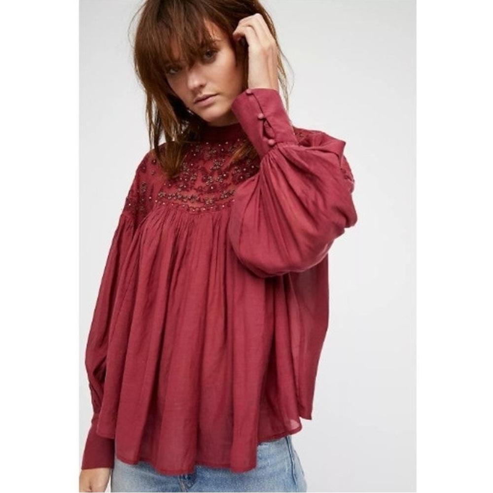 Free People Mesh Beaded Embroidered Balloon Sleeve
Tie Back Blouse. - Picture 2 of 16
